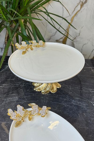 MAY HOME Diamond Butterfly Porcelain Metal Stand Presentation Plate