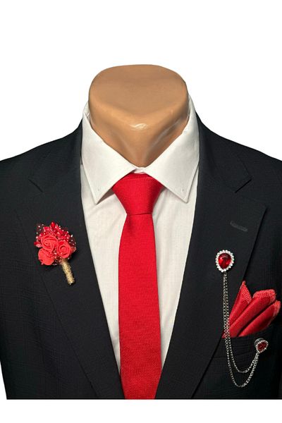HARES Groom's Tie Set (Tie-Handkerchief, Jacket Collar Chain, Jacket Collar Flower, Shirt Collar Chain Clip)