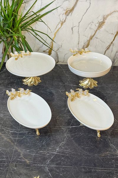 MAY HOME 4 Piece Diamond Butterfly Porcelain Tableware Presentation Set & Boat Bowl Plate Set