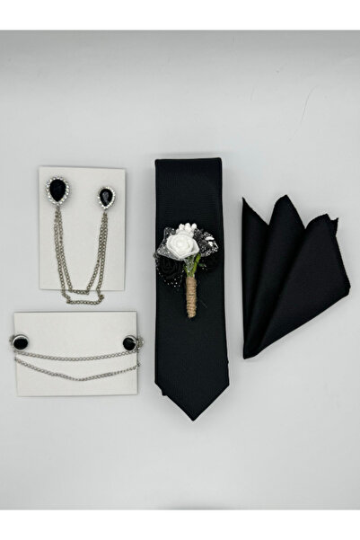 HARES Groom's Tie Set (Tie-Handkerchief, Jacket Collar Chain, Jacket Collar Flower, Shirt Collar Chain Clip)
