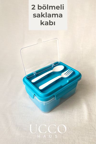 UCCO 2 Compartments 1700 ml Leakproof Storage and Nutrition Container – Spoon Fork, Removable Inner Chamber, Pp 7 Pieces