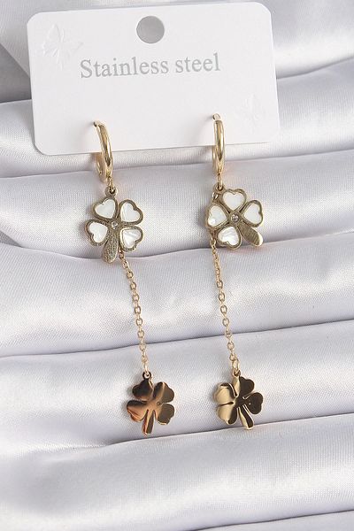 Clariss 316L Steel Gold Color Pearlescent Clover Model Zircon Stone Detail Women's Earrings