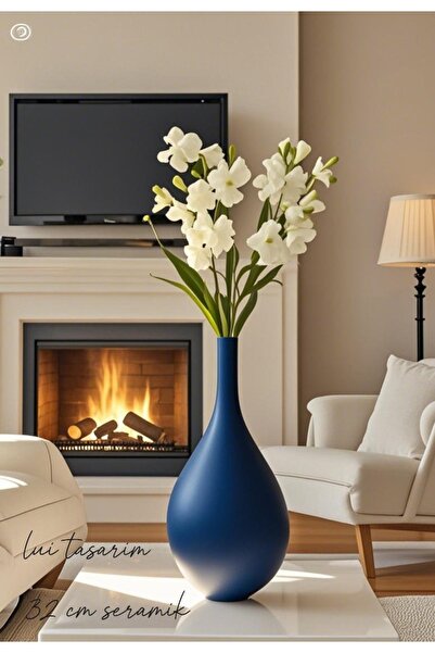 Lui Tasarım Vază din ceramică lucrată manual albastru închis Trend Nordic 32 cm Vază mare Merlin decor modern din lemn cu flori