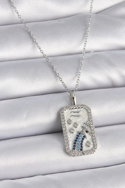 Store 316L Steel Silver Color Chain Aquarius Zodiac Sign Zircon Stone Women's Necklace