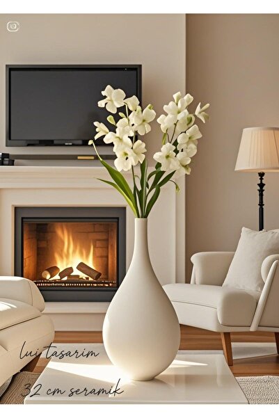Lui Tasarım Krem Vazo Seramik El Yapımı Krem Trend Iskandinav 32 Cm Büyük Merlin Vazo Modern Çiçek Ahşap Dekor