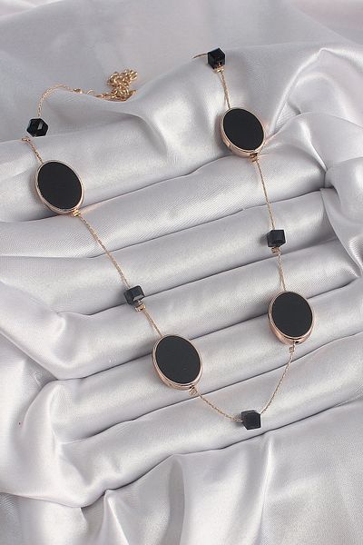 Clariss Brass Gold Color Black Color Oval Black Cube Detail Women's Necklace