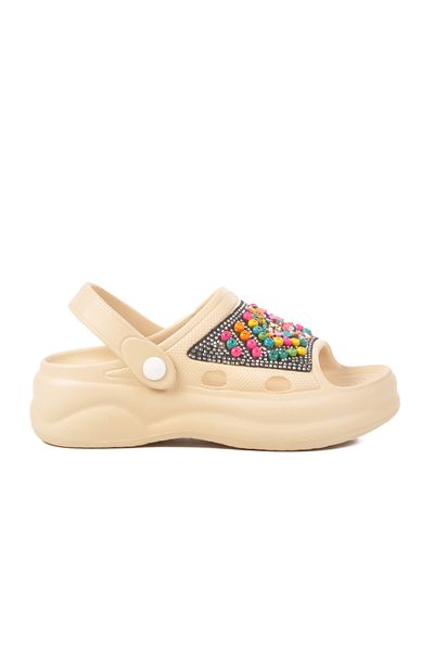 Aspor Beige Embroidered Lightweight Eva Women's Sabo Slippers E-800 Z