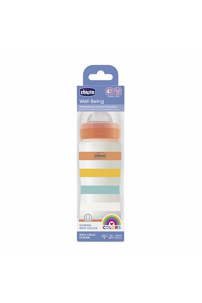 Chicco Well-being Plastic Feeding Bottle 330ml Fast Flow 4m Silicone, Orange