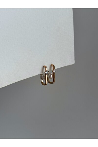 Owentis أقراط هوب من الفولاذ الوردي والذهبي بحجر واحد ولؤلؤ على شكل حرف U - ل...