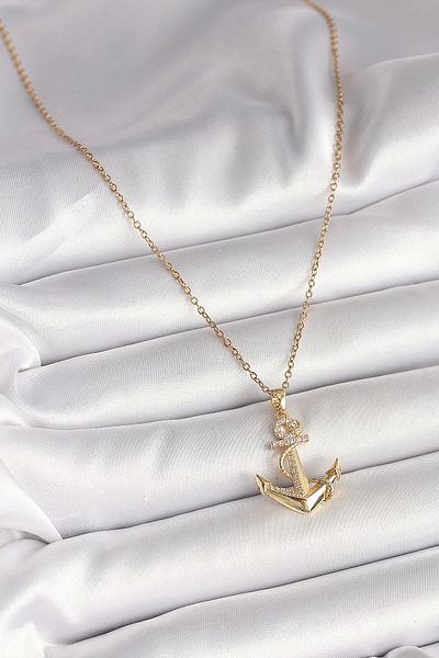 Clariss 316L Steel Gold Color Chain Zircon Stone Detailed Anchor Model Women's Necklace
