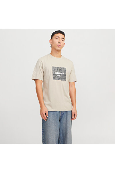 Jack & Jones Jack&jones Tarmac Camo Front Crew Neck Ανδρικό μπεζ μπλουζάκι με στρογγυλή λαιμόκοψη