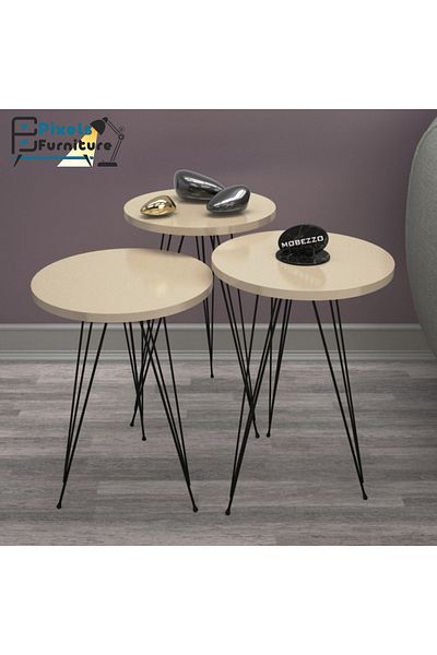 PixelsFurniture طقم طاولات 3 قطع تركية بقواعد معدنية بتصميم دائري من بكسل الأثاث