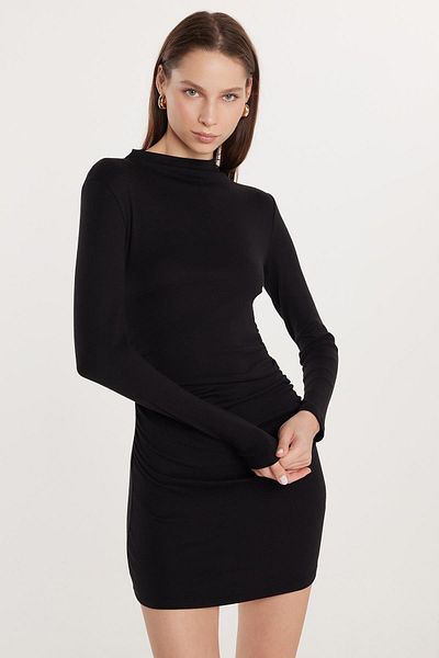 Tudors Γυναικείο Modal Fabric Standard Fit Μαύρο φόρεμα με μακρυμάνικο λαιμόκοψη