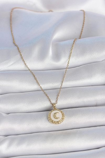 Store سلسلة من الفولاذ 316l باللون الذهبي، قلادة نسائية مطرزة على شكل هلال مينا أبيض