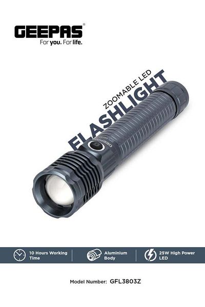 Geepas Zoomable LED Flashlight with 25W High Power LED, Aircraft-Grade Aluminum Body, Type-C Charging Grey