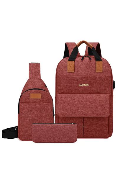 PUFO Practical Pufo Backpack with USB charging port, pouch and pencil case included, 40 x 30 cm, red