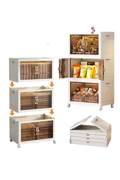 Old_Feller 3-Layer Foldable Storage Box with/Wheels, Doors & Lid - Stackable, Magnetic Closet Organizer