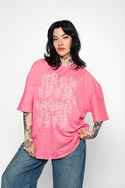 Sekizbiraltı Cats Line V1 Printed Oversize Unisex Washable Pink Tshirt