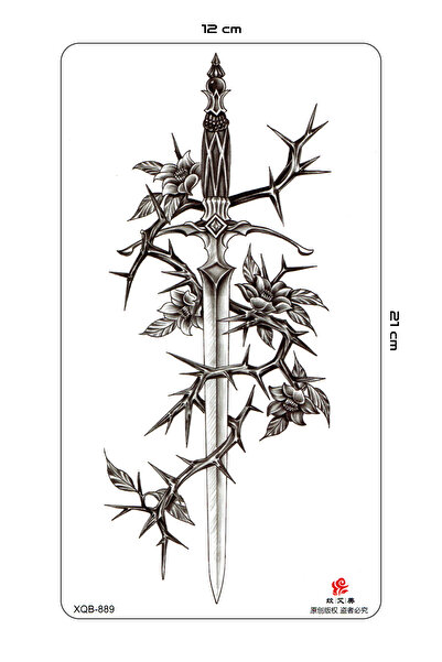 BP Tattoo Dikenli Tel ve Kılıç Geçici Dövme Kol Sırt Ense Göğüs Dövmesi