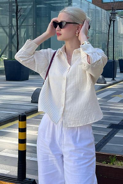 Madmext Oversize Ecru pruhovaná dámská košile - MG2093