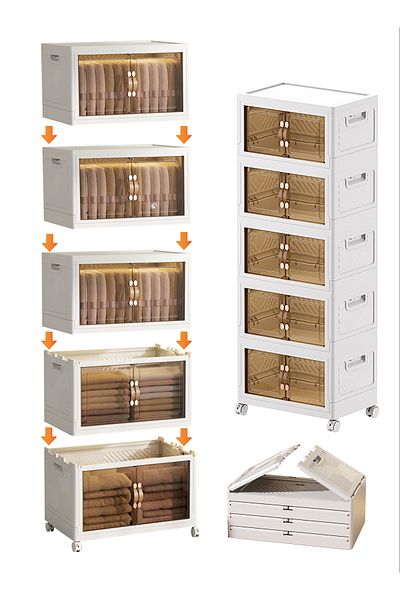 Old_Feller 5-Layer Foldable Storage Box with/Wheels, Doors & Lid - Stackable, Magnetic Closet Organizer