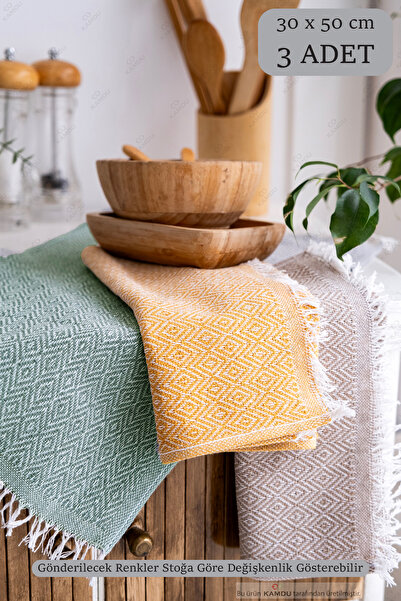 Kamdu 3 Adet 30x50cm Elmas Desen Peşkir, Mutfak Havlusu, Sunum Havlusu, Kahve Yanı Sunum Peçetesi
