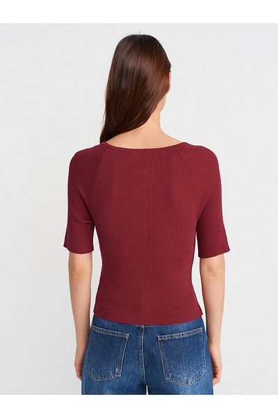 Dilvin 60970 Open Crew Neck Ribbed Buttoned Thin Knitwear Cardigan-Burgundy