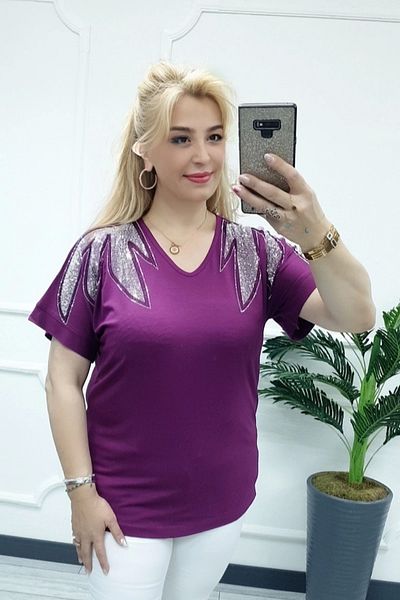 Bİ.GİYSEN Women's Plum Large Size V-Neck Shoulders Leaf Crystal Stone Embroidered Lycra Short Sleeve Blouse