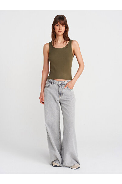 Dilvin 10748 Strappy Corded Fine Textured Knitwear Blouse-Khaki