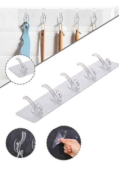 Soillium Şeffaf Ultra Güçlü Yapışkanlı 5'li Askılık Kendinden Yapışkanlı Şeffaf Askı 1 Adet Yapışkan Askı