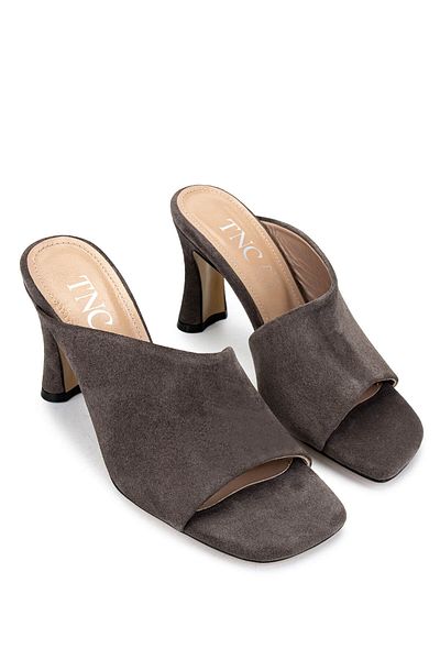 Tamer Tanca Women's Genuine Leather Taupe Suede Heeled Slippers