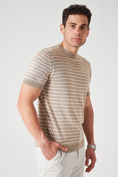 TENA Ανδρικό μπλουζάκι με ριγέ πλεκτό μπεζ με λαιμόκοψη