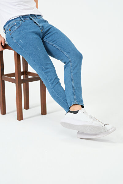 moda biz Erkek Açık mavi Lazerli  Jeans  Slim Fit Dar Paça Esnek Denım Likral...
