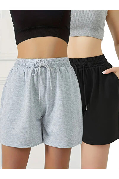 Marjill Γυναικείο χτενισμένο βαμβακερό σορτς Μαύρο - Γκρι 2 τεμαχίων Advantag...