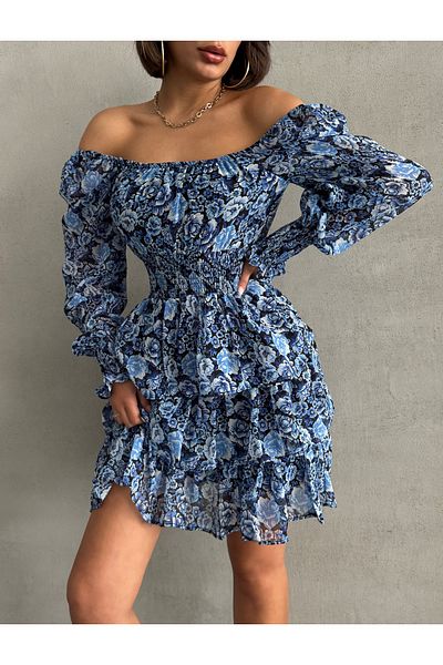 BEJNA Blau gemusterter Gipeli-Rock für Damen, mehrlagiges, gefüttertes Chiffonkleid
