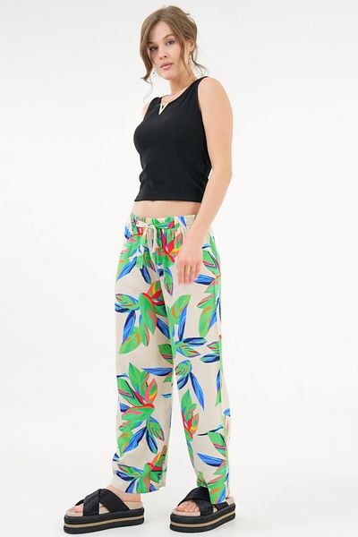 Saade Cream Patterned Elastic Waist Binding Detailed Woven Viscose Palazzo