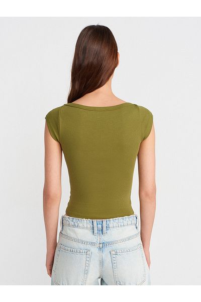 Dilvin 31809 Boat Neck Ribbed T-Shirt-Oil Green