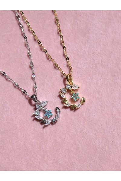Reorah Collection Moon and Blue Star Steel Necklace-Blue Star Moon Necklace Steel