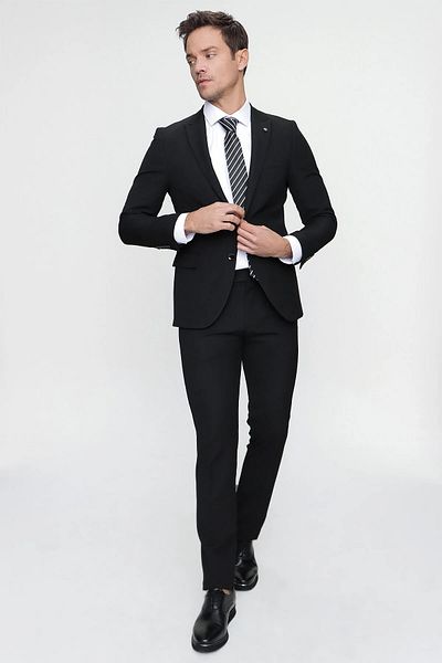 Morven Férfi fekete Basic Sima Slim Fit Slim Fit 6 csepp öltöny