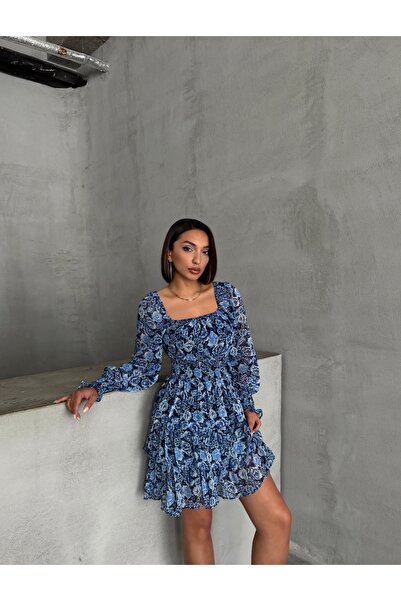 BEJNA Γυναικεία φούστα με μπλε σχέδιο Gipeli Φόρεμα σιφόν με επένδυση