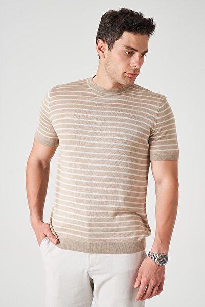 TENA Ανδρικό μπλουζάκι με ριγέ πλεκτό μπεζ με λαιμόκοψη
