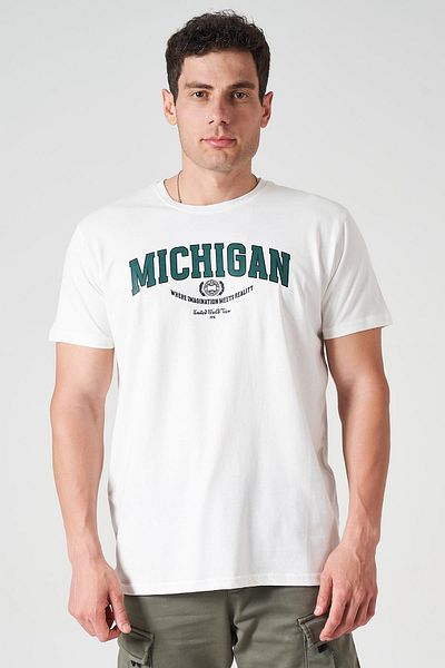 TENA Ανδρικό μπλουζάκι με στάμπα MICHIGAN με λαιμόκοψη εκρού