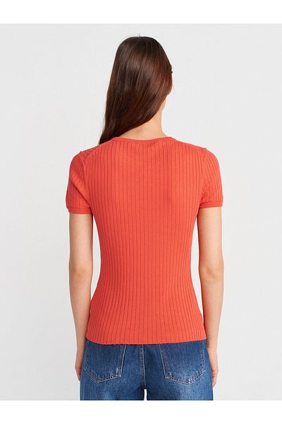 Dilvin 10756 Crew Neck Buttoned Knitwear Blouse-A.Red