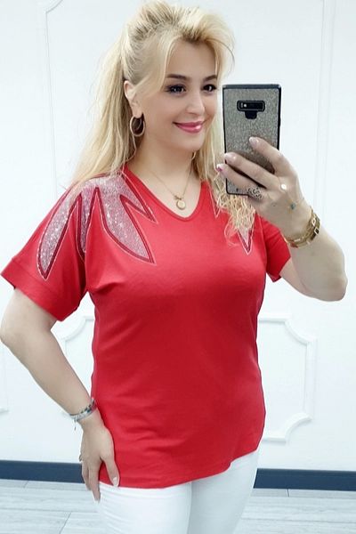 Bİ.GİYSEN Women's Red Large Size V-Neck Shoulders Leaf Crystal Stone Embroidered Lycra Short Sleeve Buluz