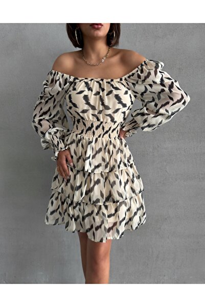 BEJNA Γυναικεία φούστα με κρεμ μοτίβο Gipeli Φόρεμα σιφόν με επένδυση