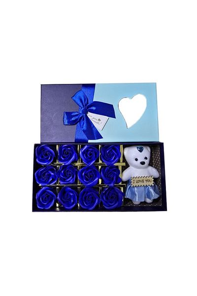 NEXTLY Teddy Bear With 12 Scented Soap Roses, Box Included, Blue