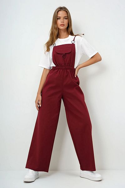 VAGGON Women's Burgundy Front Pocket Strap Ring Detailed Aerobin Salopet Trousers Prmx13581