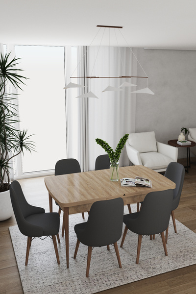 DEREN HOME Konfor Serisi 80x130 Açılır Masa 6 Adet Antrasit Ahşap Ayak Sandal...