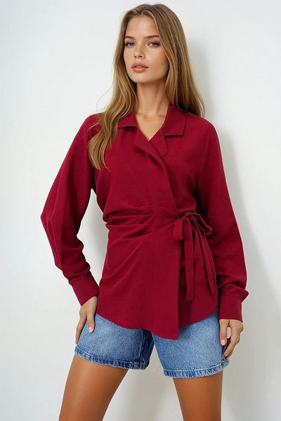 VAGGON Women's Burgundy Cuff Sleeves Lacing Detailed Regular Regular Fit Woven Shirt Prmx13882