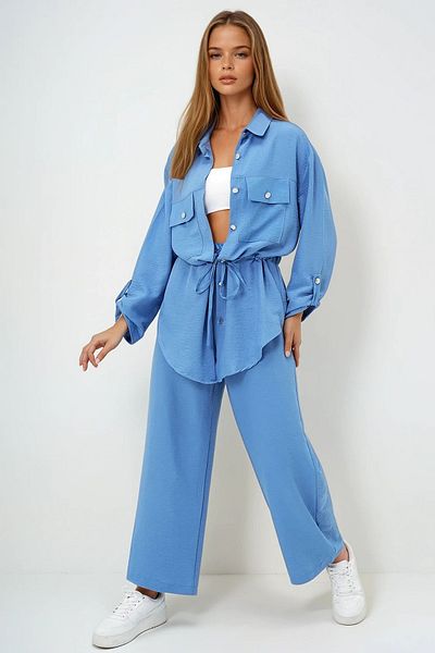 VAGGON Set de jachetă safari cu buzunar dublu indigo pentru femei și pantaloni aerobin cu picioare largi cu talie elastică Ymx8448
